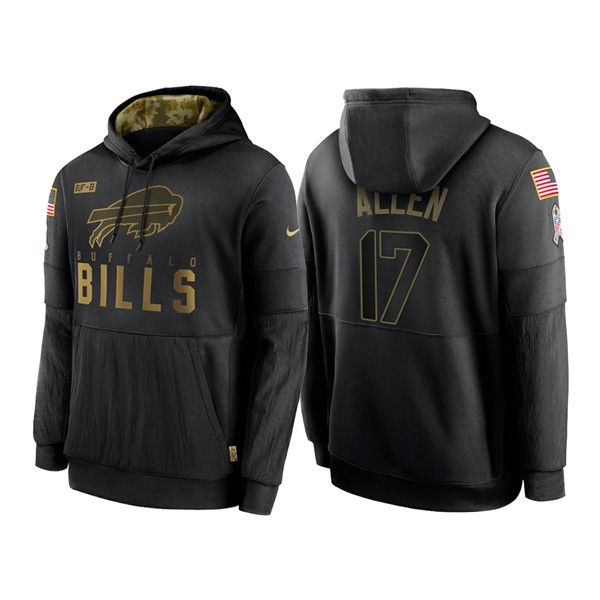 Men's Buffalo Bills #17 Josh Allen 2020 Black Salute to Service Sideline Performance Pullover Hoodie - Click Image to Close